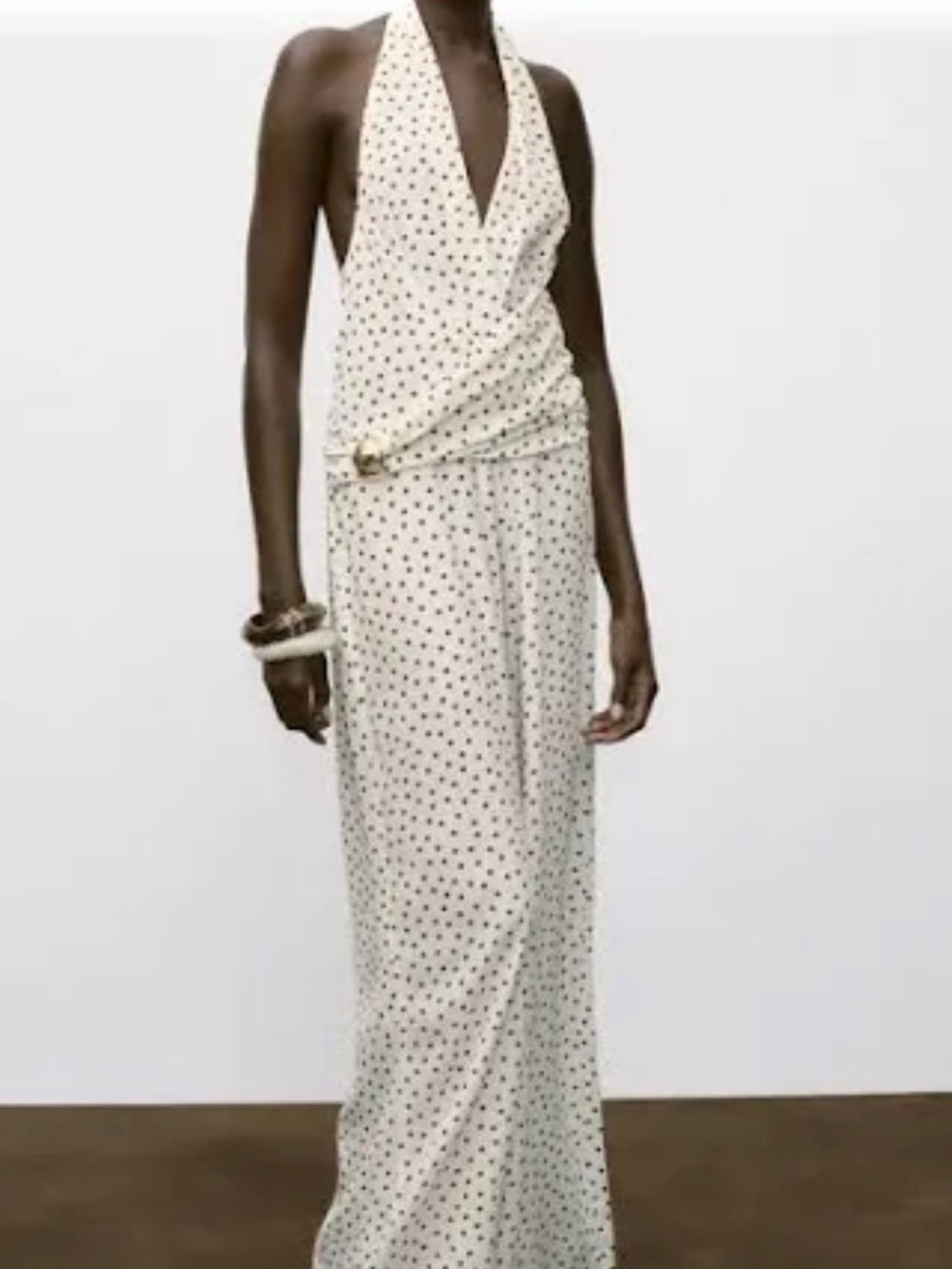Zara Cream Halter Jumpsuit with Subtle Black Dot Print